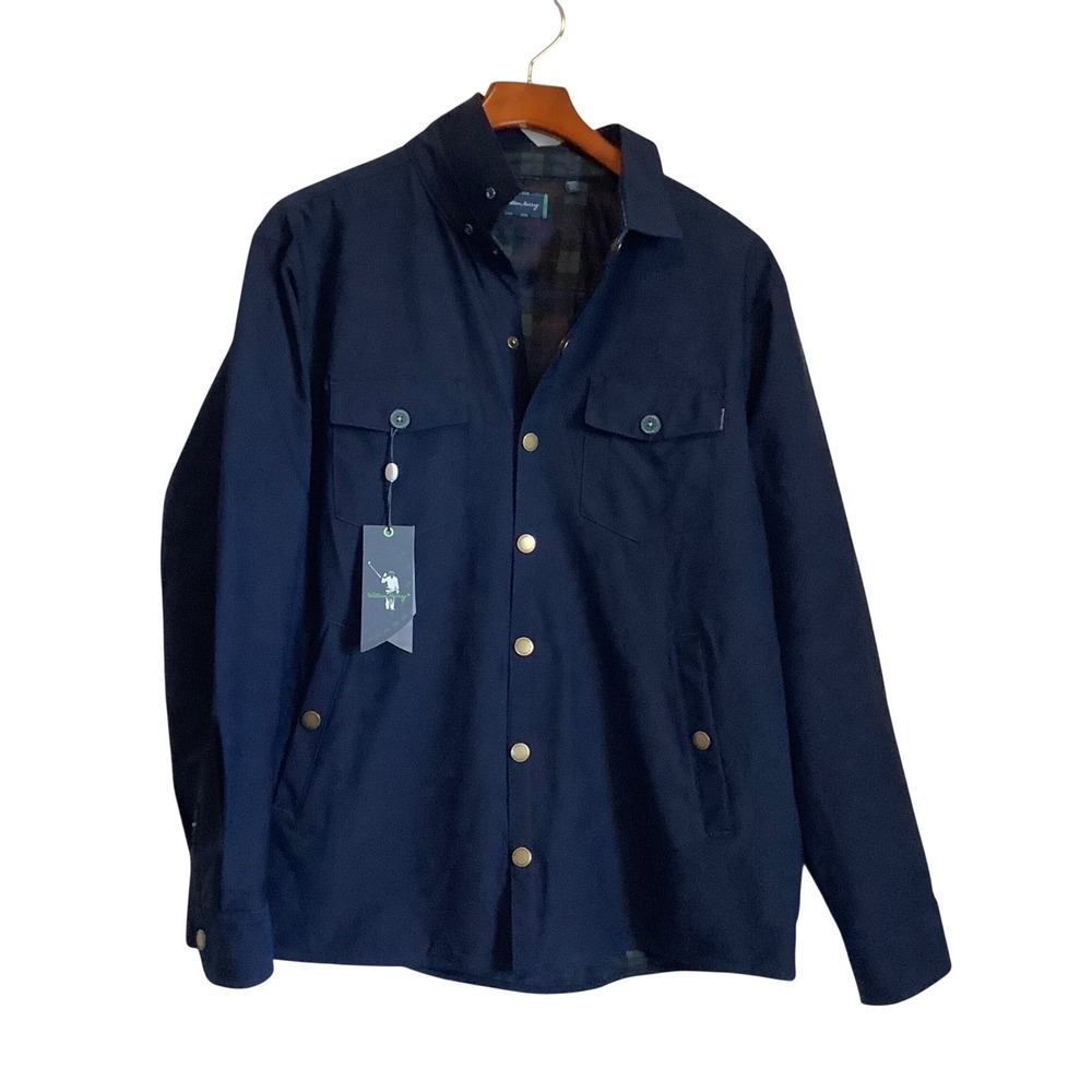 William Murray Golf Navy Plaid Lined Snap Front Shirt Jacket Mens Medium NWT